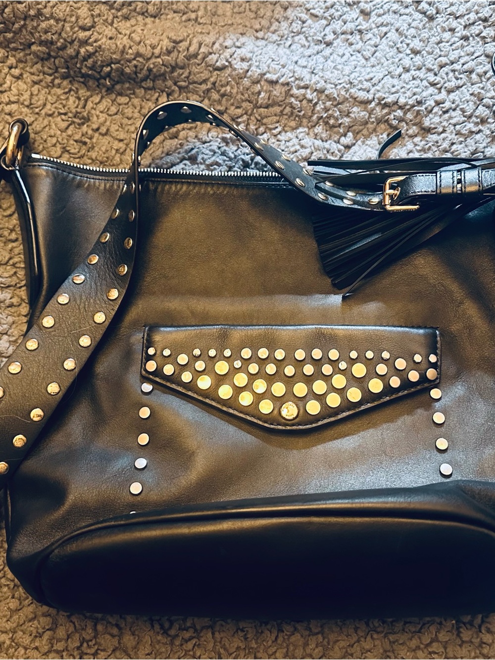 Michael Kors Black Studded Leather Crossbody Bag.